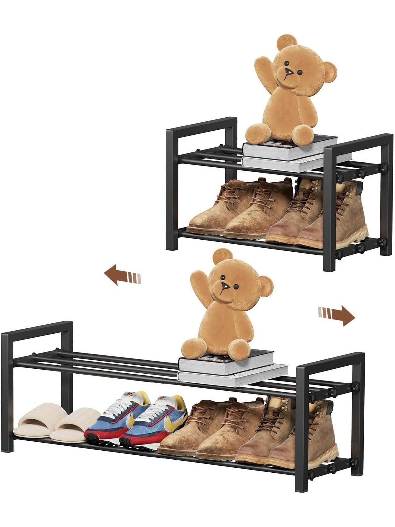 Expandable Shoe Rack, 2-Tier Adjustable Space Saving Narrow Shoe Organizer, Heavy Duty Metal Free Standing Storage For Entryway, Closet, Doorway (Black)