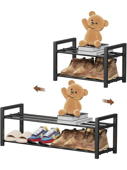 Expandable Shoe Rack, 2-Tier Adjustable Space Saving Narrow Shoe Organizer, Heavy Duty Metal Free Standing Storage For Entryway, Closet, Doorway (Black)