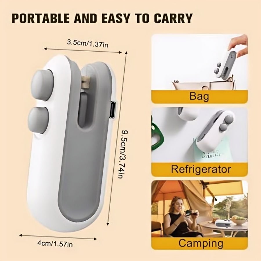 Mini Snack Bag Sealer, Cut+Seal With Chip Cutter, USB Rechargeable, Magnetic Bottom, For Home Sealing/Vacuum.