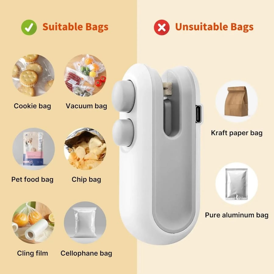 Mini Snack Bag Sealer, Cut+Seal With Chip Cutter, USB Rechargeable, Magnetic Bottom, For Home Sealing/Vacuum.