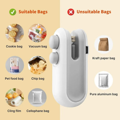 Mini Snack Bag Sealer, Cut+Seal With Chip Cutter, USB Rechargeable, Magnetic Bottom, For Home Sealing/Vacuum.