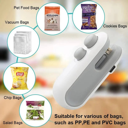 Mini Snack Bag Sealer, Cut+Seal With Chip Cutter, USB Rechargeable, Magnetic Bottom, For Home Sealing/Vacuum.