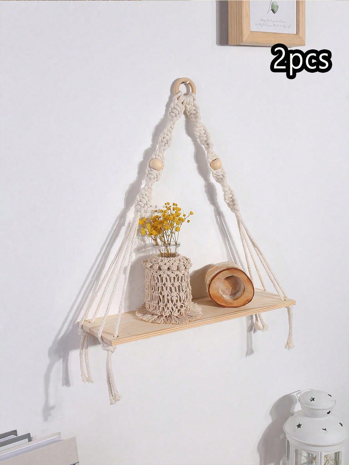 Boho Wooden Bead Woven Hanging Shelf | Wall Planter Rack | MIRA