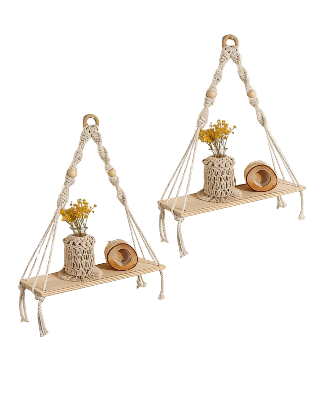 Boho Wooden Bead Woven Hanging Shelf | Wall Planter Rack | MIRA