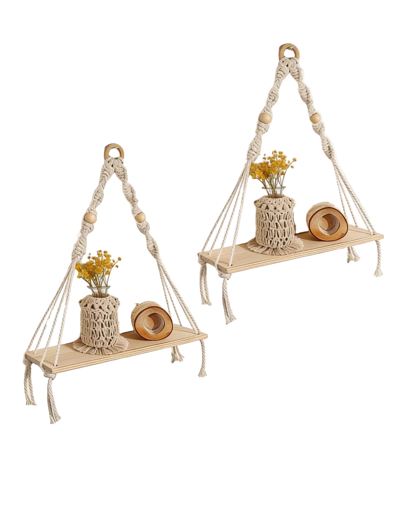 Boho Wooden Bead Woven Hanging Shelf | Wall Planter Rack | MIRA