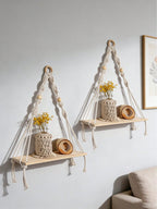 Boho Wooden Bead Woven Hanging Shelf | Wall Planter Rack | MIRA
