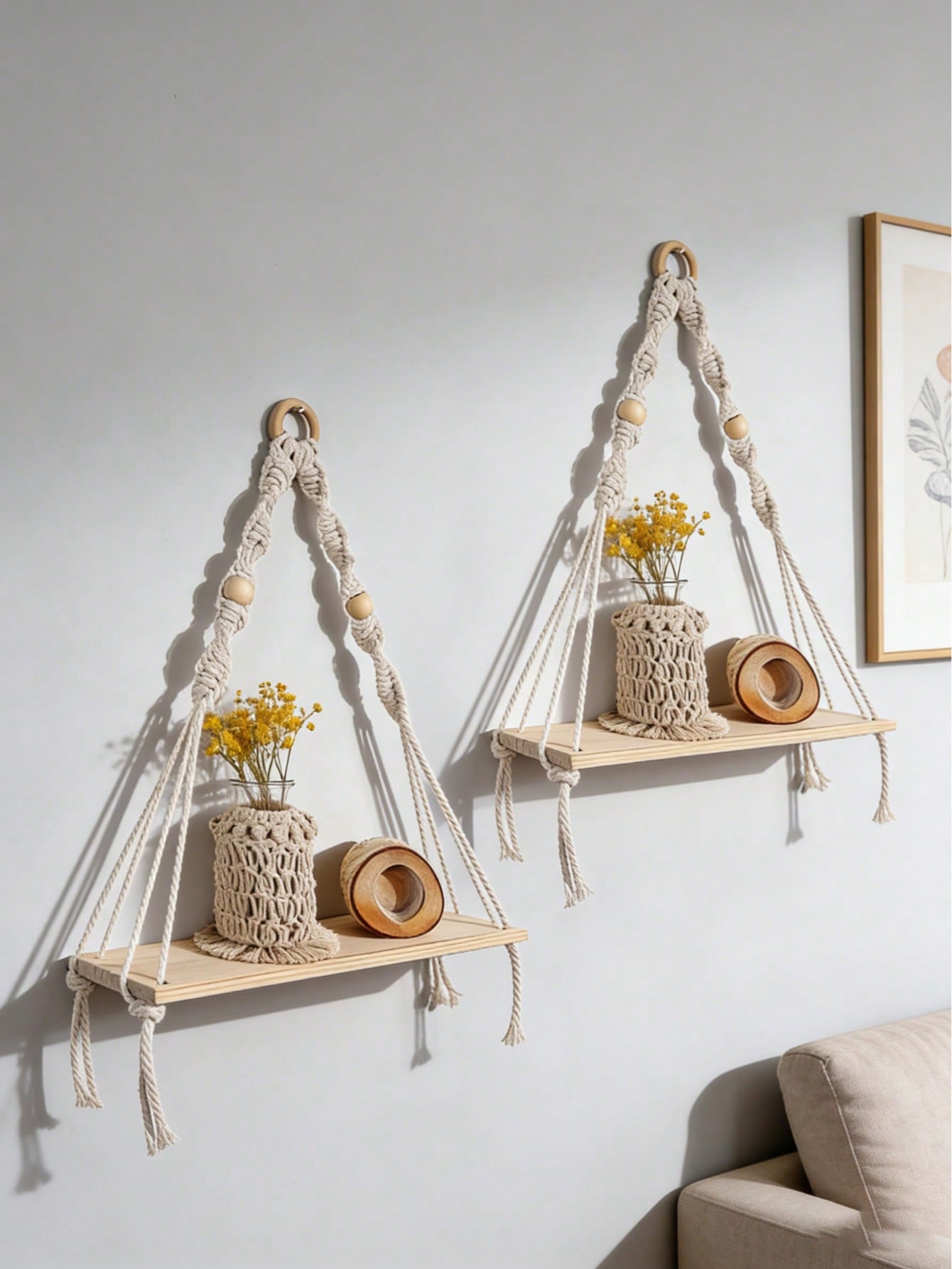 Boho Wooden Bead Woven Hanging Shelf | Wall Planter Rack | MIRA
