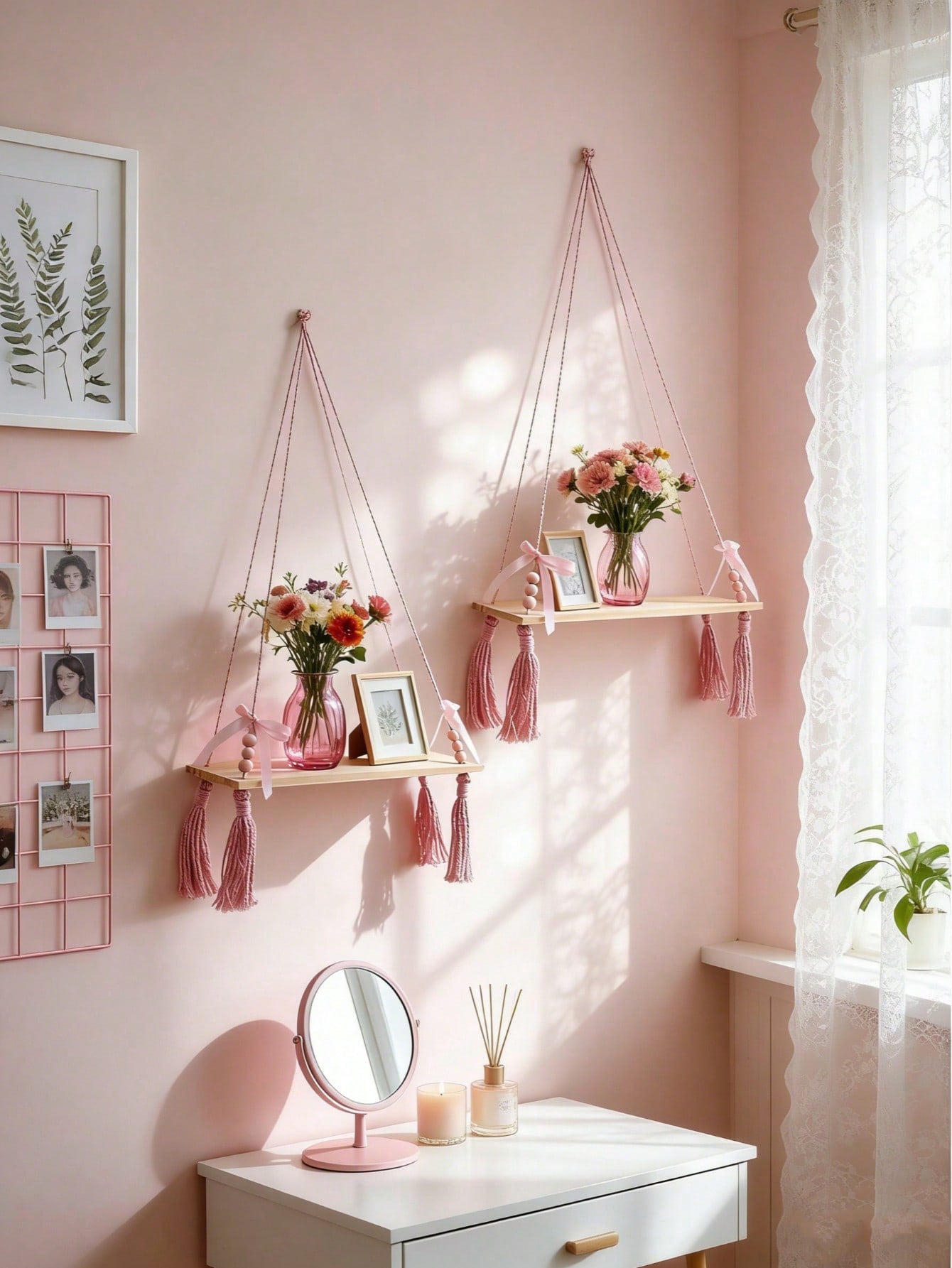 Boho Wooden Bead Woven Hanging Shelf | Wall Planter Rack | MIRA