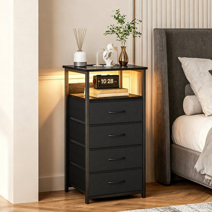 Tomnk Charging Station Nightstand With LED Light - Includes USB Ports, Outlets & Fabric Storage Drawers With PU Finish In White/Black, Ideal For Bedroom Or Living Room