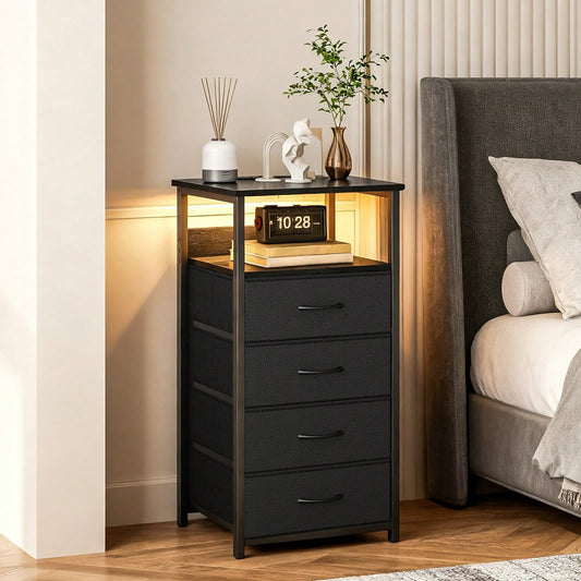 Tomnk Charging Station Nightstand With LED Light - Includes USB Ports, Outlets & Fabric Storage Drawers With PU Finish In White/Black, Ideal For Bedroom Or Living Room