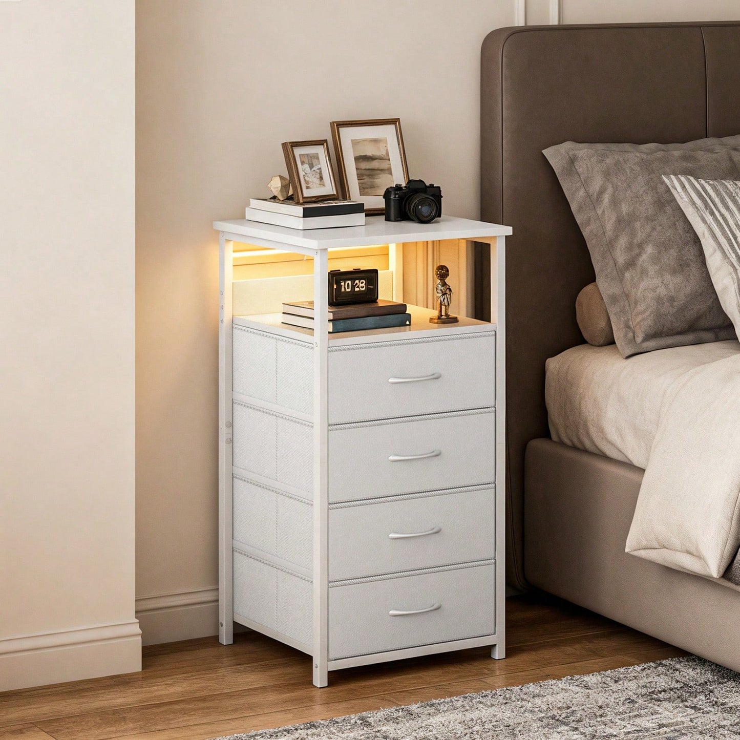 Tomnk Charging Station Nightstand With LED Light - Includes USB Ports, Outlets & Fabric Storage Drawers With PU Finish In White/Black, Ideal For Bedroom Or Living Room