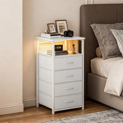 Tomnk Charging Station Nightstand With LED Light - Includes USB Ports, Outlets & Fabric Storage Drawers With PU Finish In White/Black, Ideal For Bedroom Or Living Room