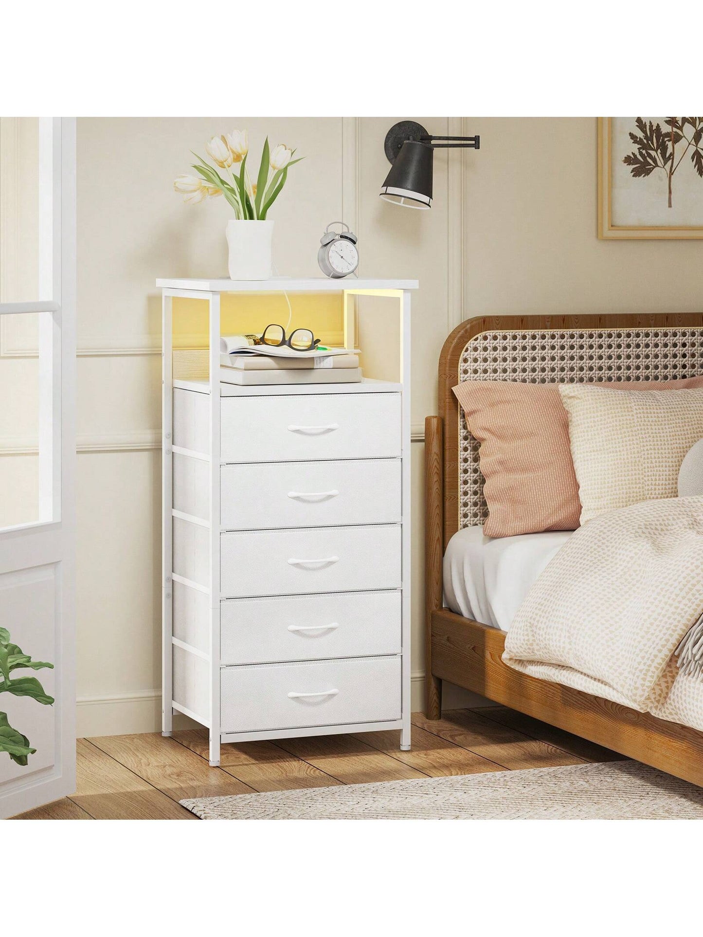 Tomnk Charging Station Nightstand With LED Light - Includes USB Ports, Outlets & Fabric Storage Drawers With PU Finish In White/Black, Ideal For Bedroom Or Living Room