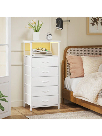 Tomnk Charging Station Nightstand With LED Light - Includes USB Ports, Outlets & Fabric Storage Drawers With PU Finish In White/Black, Ideal For Bedroom Or Living Room