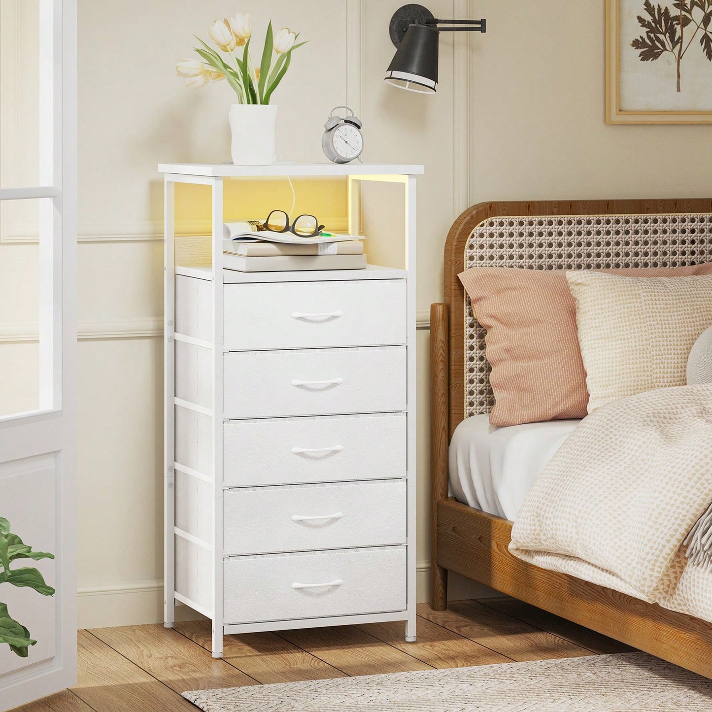 Tomnk Charging Station Nightstand With LED Light - Includes USB Ports, Outlets & Fabric Storage Drawers With PU Finish In White/Black, Ideal For Bedroom Or Living Room