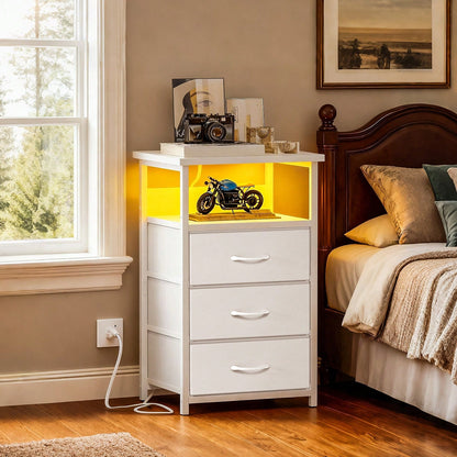 Tomnk Charging Station Nightstand With LED Light - Includes USB Ports, Outlets & Fabric Storage Drawers With PU Finish In White/Black, Ideal For Bedroom Or Living Room