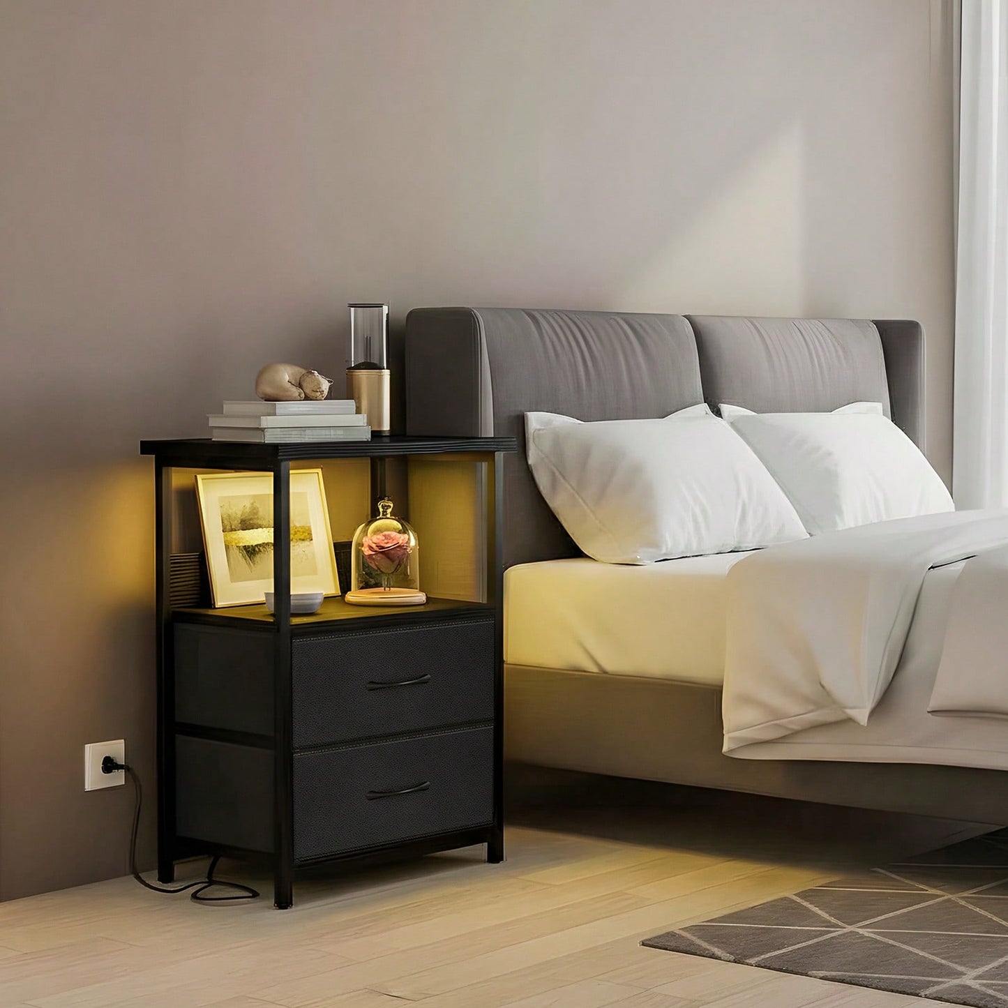 Tomnk Nightstand With Charging Station, LED Light, USB Ports & Outlets - Includes 2 Fabric Storage Drawers With PU Finish In Black / White / Rustic Brown