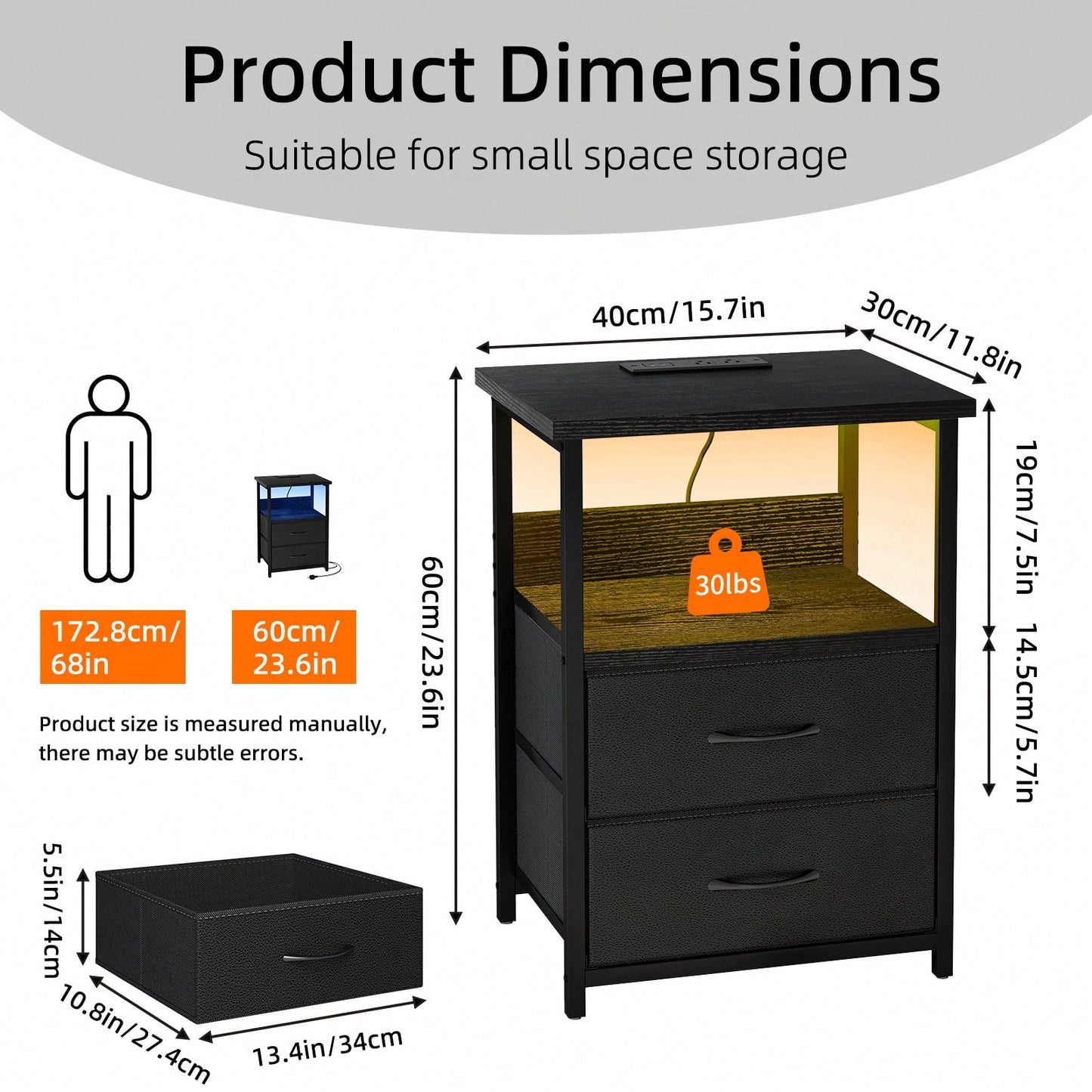 Tomnk Nightstand With Charging Station, LED Light, USB Ports & Outlets - Includes 2 Fabric Storage Drawers With PU Finish In Black / White / Rustic Brown