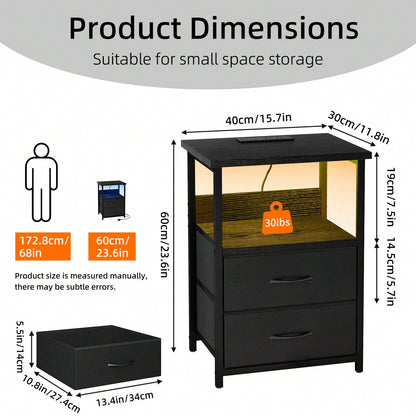 Tomnk Nightstand With Charging Station, LED Light, USB Ports & Outlets - Includes 2 Fabric Storage Drawers With PU Finish In Black / White / Rustic Brown