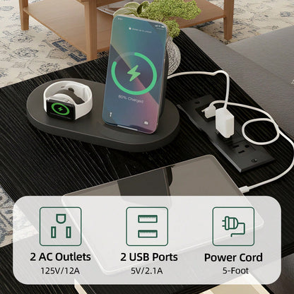 Tomnk Nightstand With Charging Station, LED Light, USB Ports & Outlets - Includes 2 Fabric Storage Drawers With PU Finish In Black / White / Rustic Brown