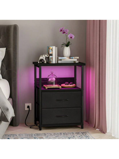 Tomnk Nightstand With Charging Station, LED Light, USB Ports & Outlets - Includes 2 Fabric Storage Drawers With PU Finish In Black / White / Rustic Brown