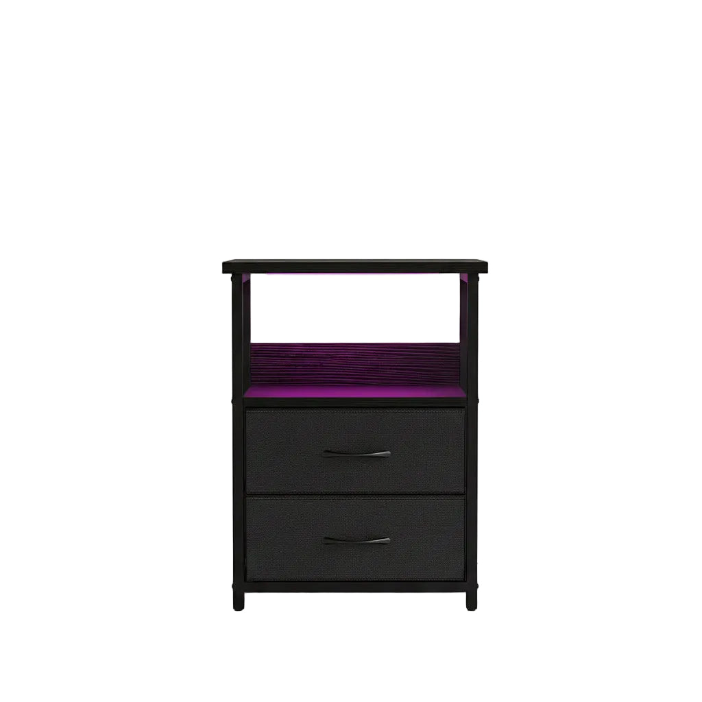 Nightstand with Charging Station & LED Light | USB Ports, 2 Fabric Drawers – MIRA