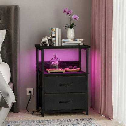 Tomnk Nightstand With Charging Station, LED Light, USB Ports & Outlets - Includes 2 Fabric Storage Drawers With PU Finish In Black / White / Rustic Brown