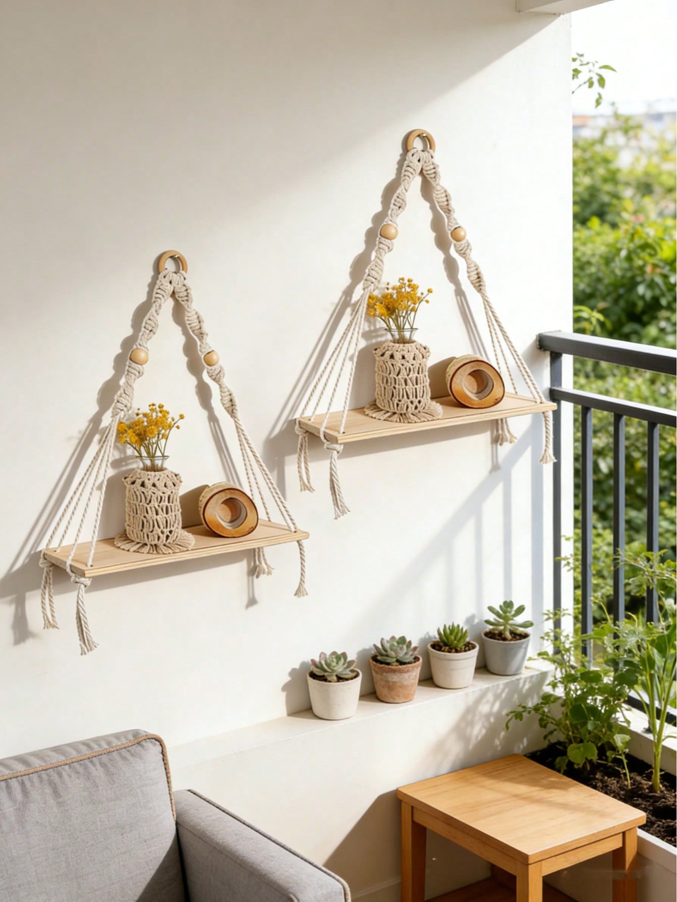 Boho Wooden Bead Woven Hanging Shelf | Wall Planter Rack | MIRA