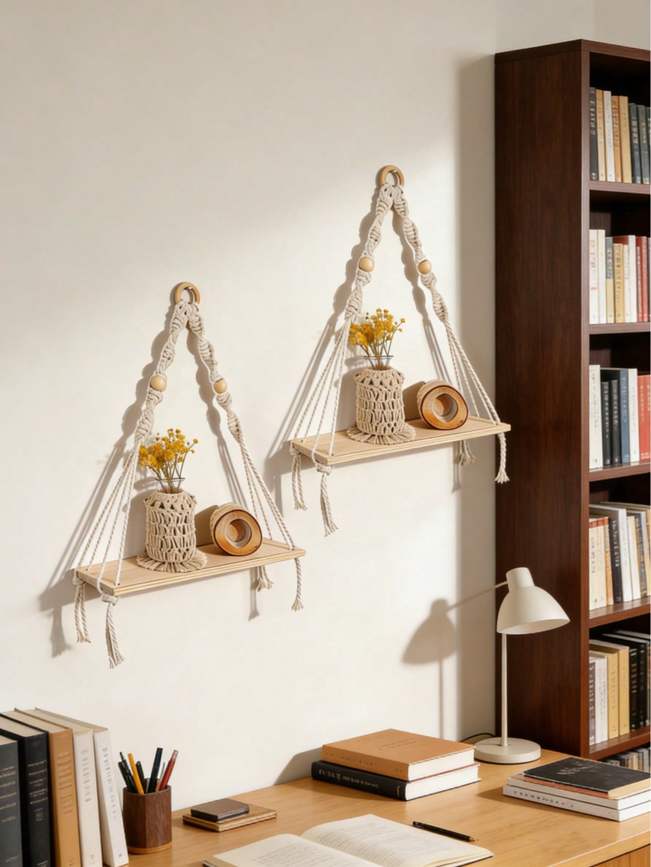Boho Wooden Bead Woven Hanging Shelf | Wall Planter Rack | MIRA