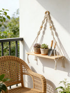 Boho Wooden Bead Woven Hanging Shelf | Wall Planter Rack | MIRA