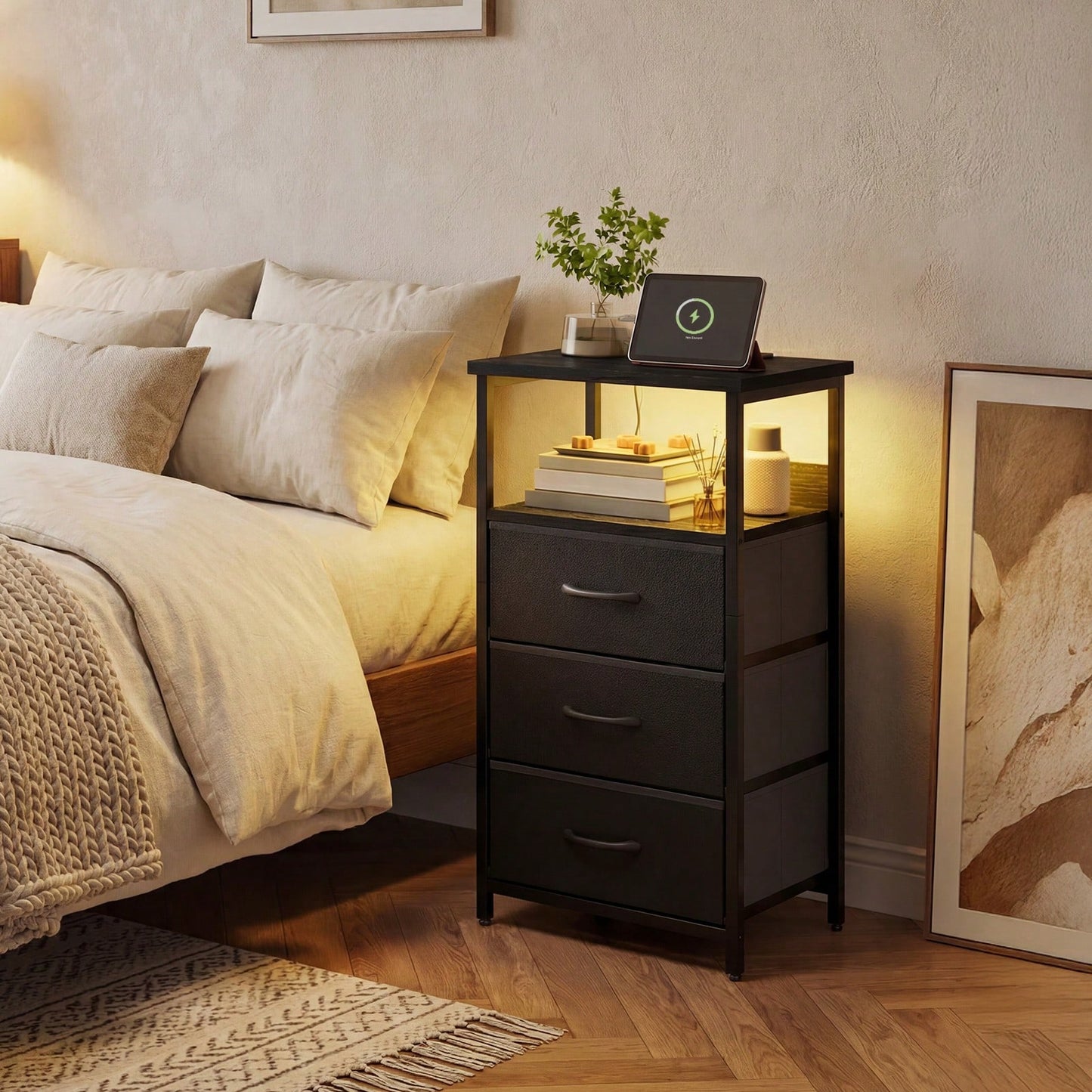 Tomnk Charging Station Nightstand With LED Light - Includes USB Ports, Outlets & Fabric Storage Drawers With PU Finish In White/Black, Ideal For Bedroom Or Living Room