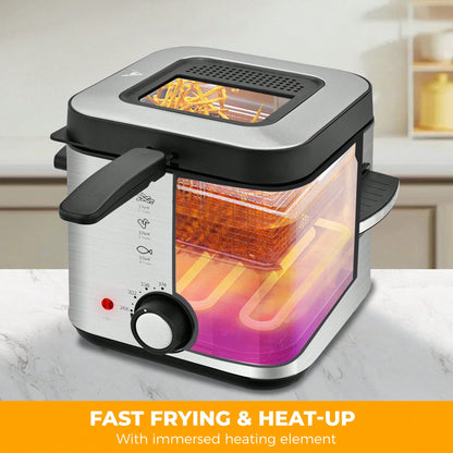 SUSTEAS 1.5L Electric Deep Fryer, 1500W Fast Heating 201 Stainless Steel Deep Fryer With Adjustable Thermostat & Timer, Oil Frying Machine For Chicken, French Fries, Donuts, Onion Rings Cool-Touch Exterior & Removable Basket For Easy Cleaning
