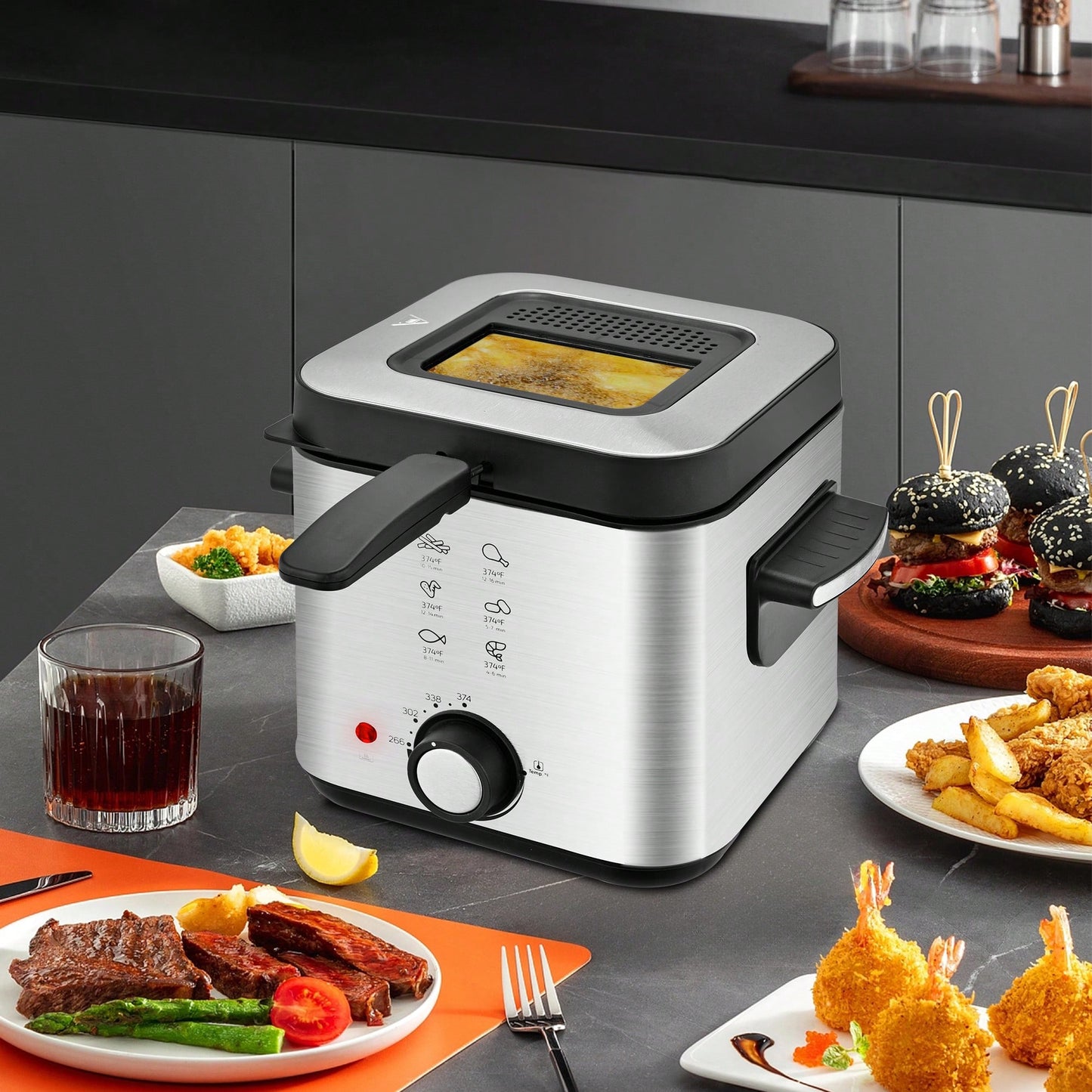 SUSTEAS 1.5L Electric Deep Fryer, 1500W Fast Heating 201 Stainless Steel Deep Fryer With Adjustable Thermostat & Timer, Oil Frying Machine For Chicken, French Fries, Donuts, Onion Rings Cool-Touch Exterior & Removable Basket For Easy Cleaning