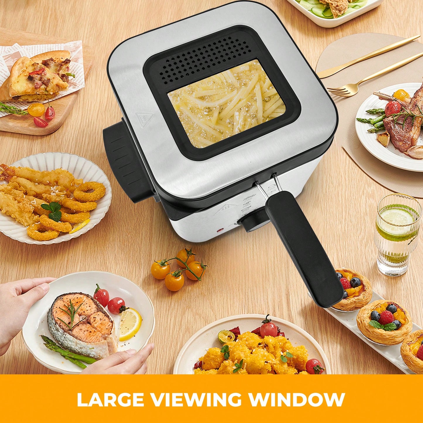 SUSTEAS 1.5L Electric Deep Fryer, 1500W Fast Heating 201 Stainless Steel Deep Fryer With Adjustable Thermostat & Timer, Oil Frying Machine For Chicken, French Fries, Donuts, Onion Rings Cool-Touch Exterior & Removable Basket For Easy Cleaning