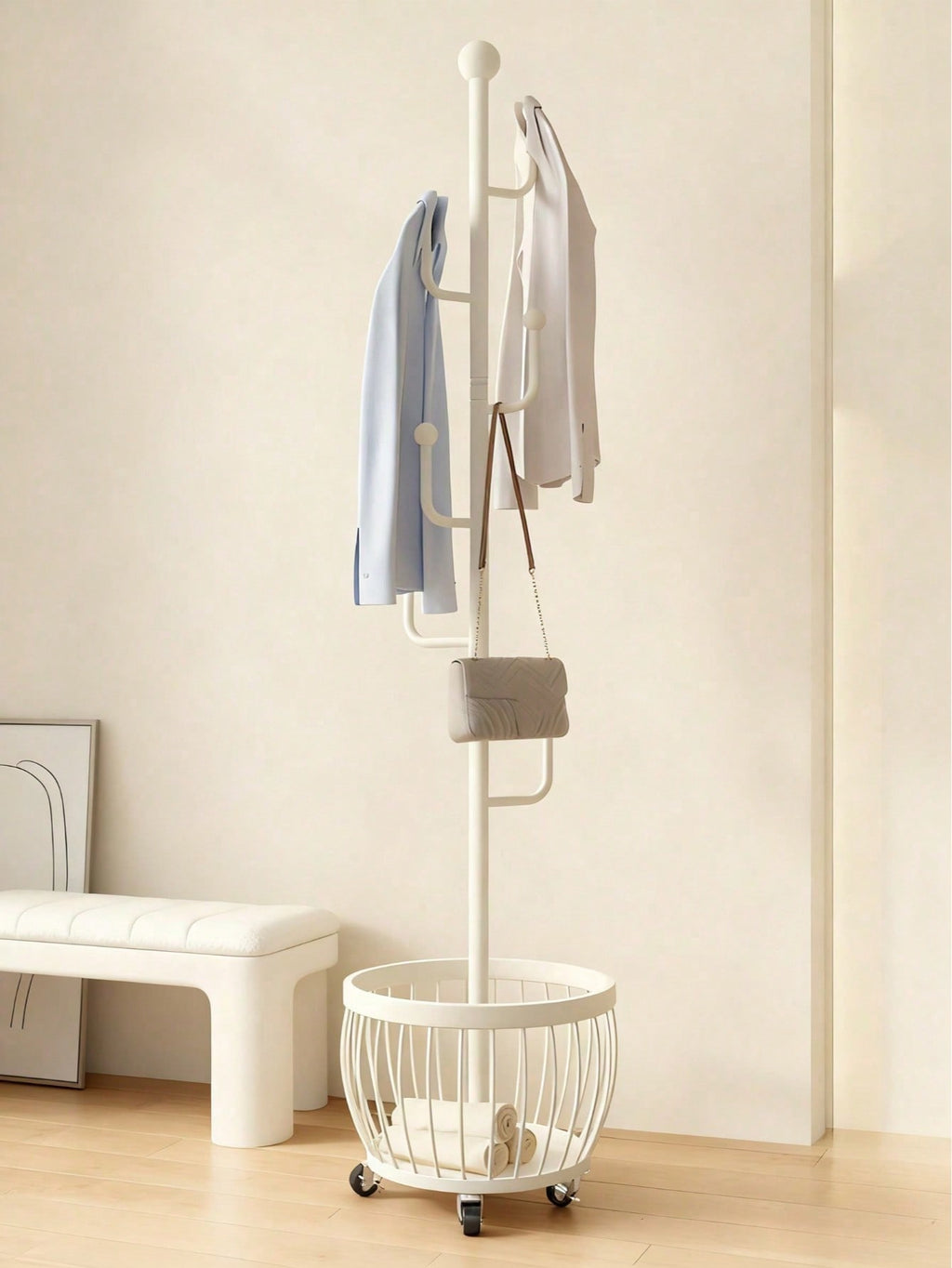 Freestanding Coat Rack with Storage Basket – Entryway Stand | MIRA