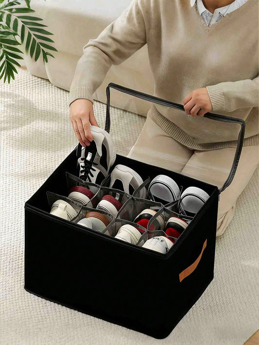Foldable Fabric Shoe Box, Holds Up To 12 Or 16 Pairs Of Shoes, Large Capacity Fabric Shoe Box With Lid, Adjustable Dividers, Transparent Cover, Waterproof And Dustproof, Foldable Storage, Multi-Functional All-In-One Design, Suitable For Home, School, Dorm