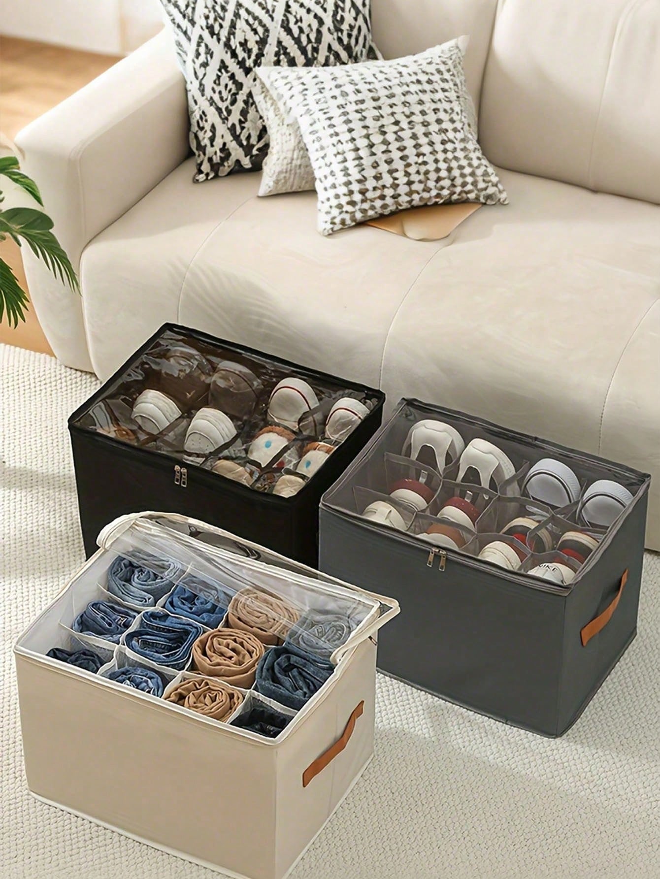 Foldable Fabric Shoe Box, Holds Up To 12 Or 16 Pairs Of Shoes, Large Capacity Fabric Shoe Box With Lid, Adjustable Dividers, Transparent Cover, Waterproof And Dustproof, Foldable Storage, Multi-Functional All-In-One Design, Suitable For Home, School, Dorm