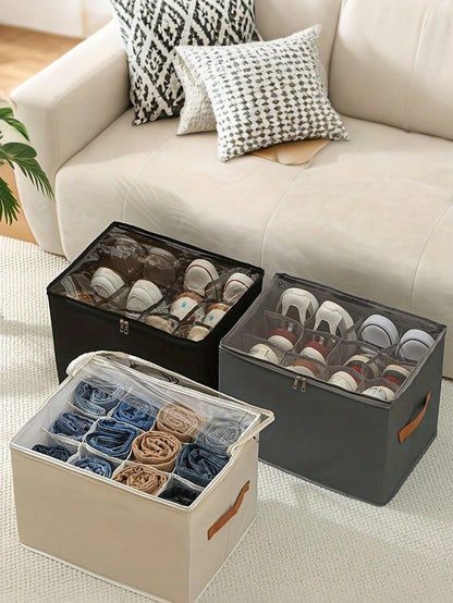 Foldable Fabric Shoe Box, Holds Up To 12 Or 16 Pairs Of Shoes, Large Capacity Fabric Shoe Box With Lid, Adjustable Dividers, Transparent Cover, Waterproof And Dustproof, Foldable Storage, Multi-Functional All-In-One Design, Suitable For Home, School, Dorm