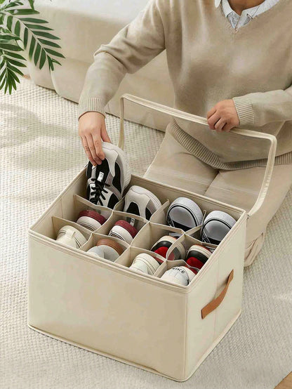 Foldable Fabric Shoe Box, Holds Up To 12 Or 16 Pairs Of Shoes, Large Capacity Fabric Shoe Box With Lid, Adjustable Dividers, Transparent Cover, Waterproof And Dustproof, Foldable Storage, Multi-Functional All-In-One Design, Suitable For Home, School, Dorm