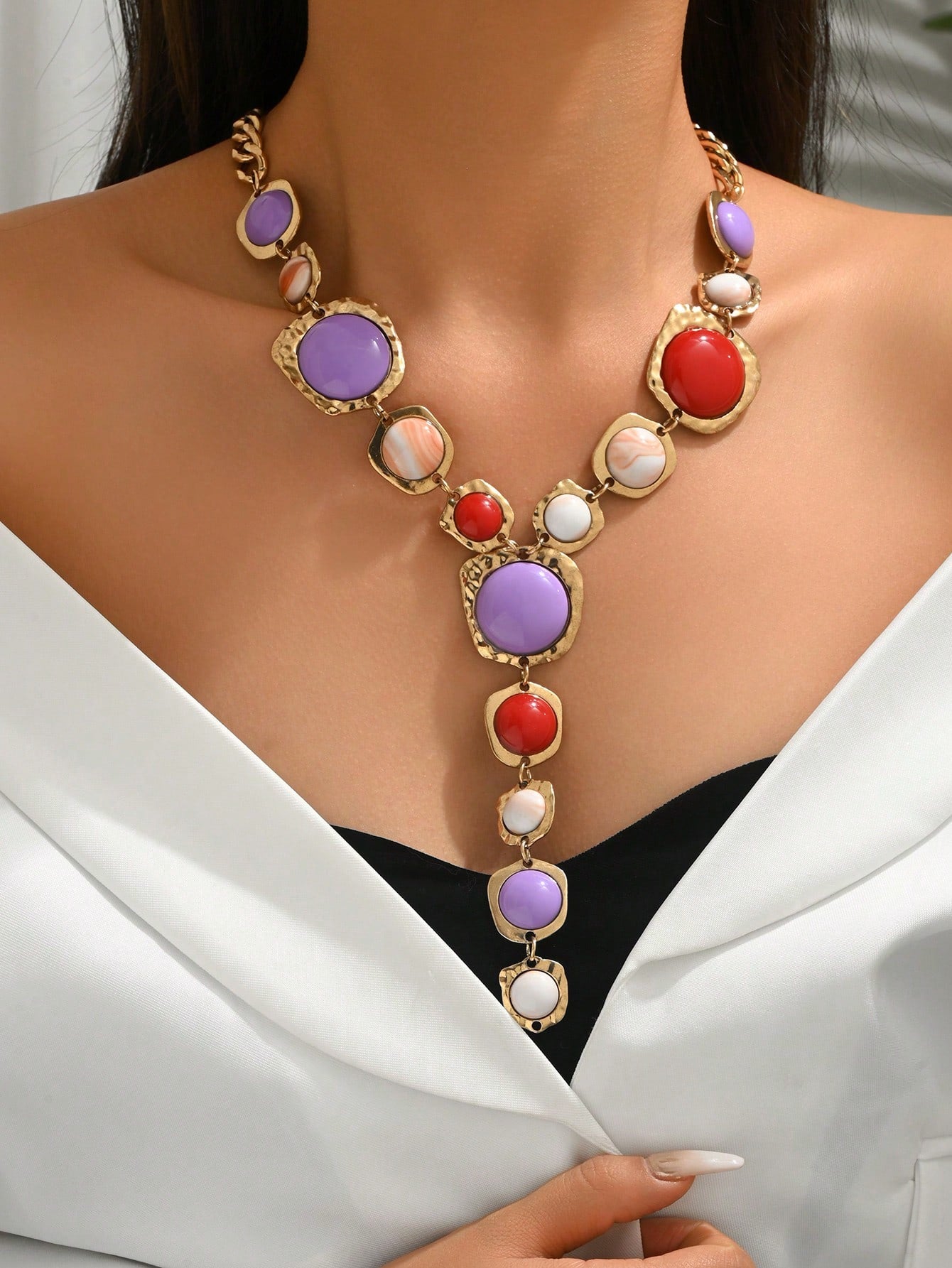 Vintage Geometric Faux Gemstone Y-Shaped Tassel Necklace | MIRA