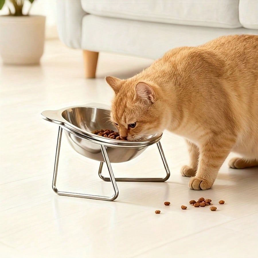 Cat Ears Drinking Bowl Stainless Steel Inclined Neck Protection Cat Bowl High Foot Easy Cleaning Cat Feeding Bowl Wide Chassis Stable Cat Bowl Pet Supplies
