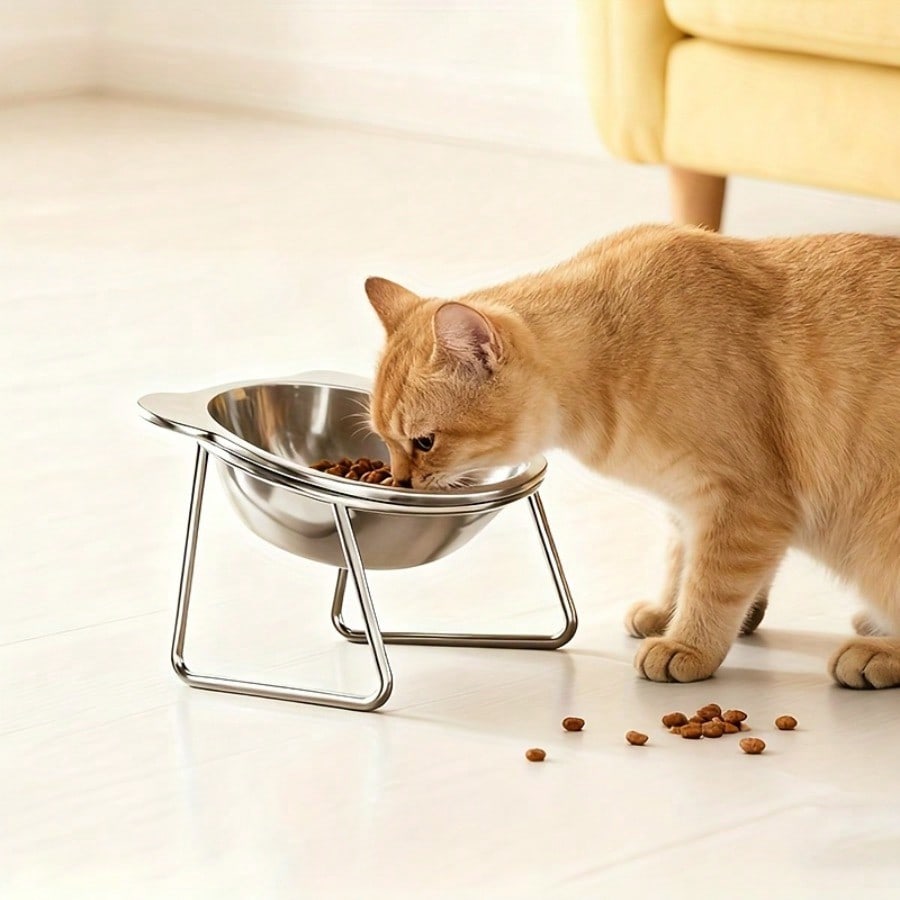 Cat Ears Drinking Bowl Stainless Steel Inclined Neck Protection Cat Bowl High Foot Easy Cleaning Cat Feeding Bowl Wide Chassis Stable Cat Bowl Pet Supplies