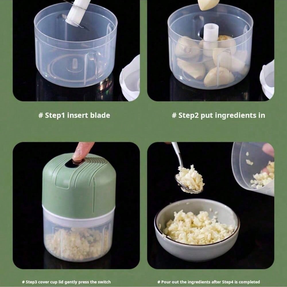 Electric Garlic Grinder, Food Processor, Mini Blender. USB Rechargeable, 300mAh Lithium Battery, 250ml Capacity. One-Handed Operation, Compact And Lightweight, Electric Cutting And Grinding, One-Touch Operation, Three Pieces Blade Set, Can Be Used For Sea