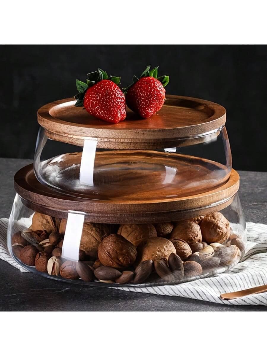 Glass Food Storage Jars With Wooden Lids, Large/Small Sealed Glass Bowls, Suitable For Storing Snacks, Nuts, Candy, Fruit, Grains And Salads, Decorative Kitchen Jars, Suitable For Pantry And Countertop Use.