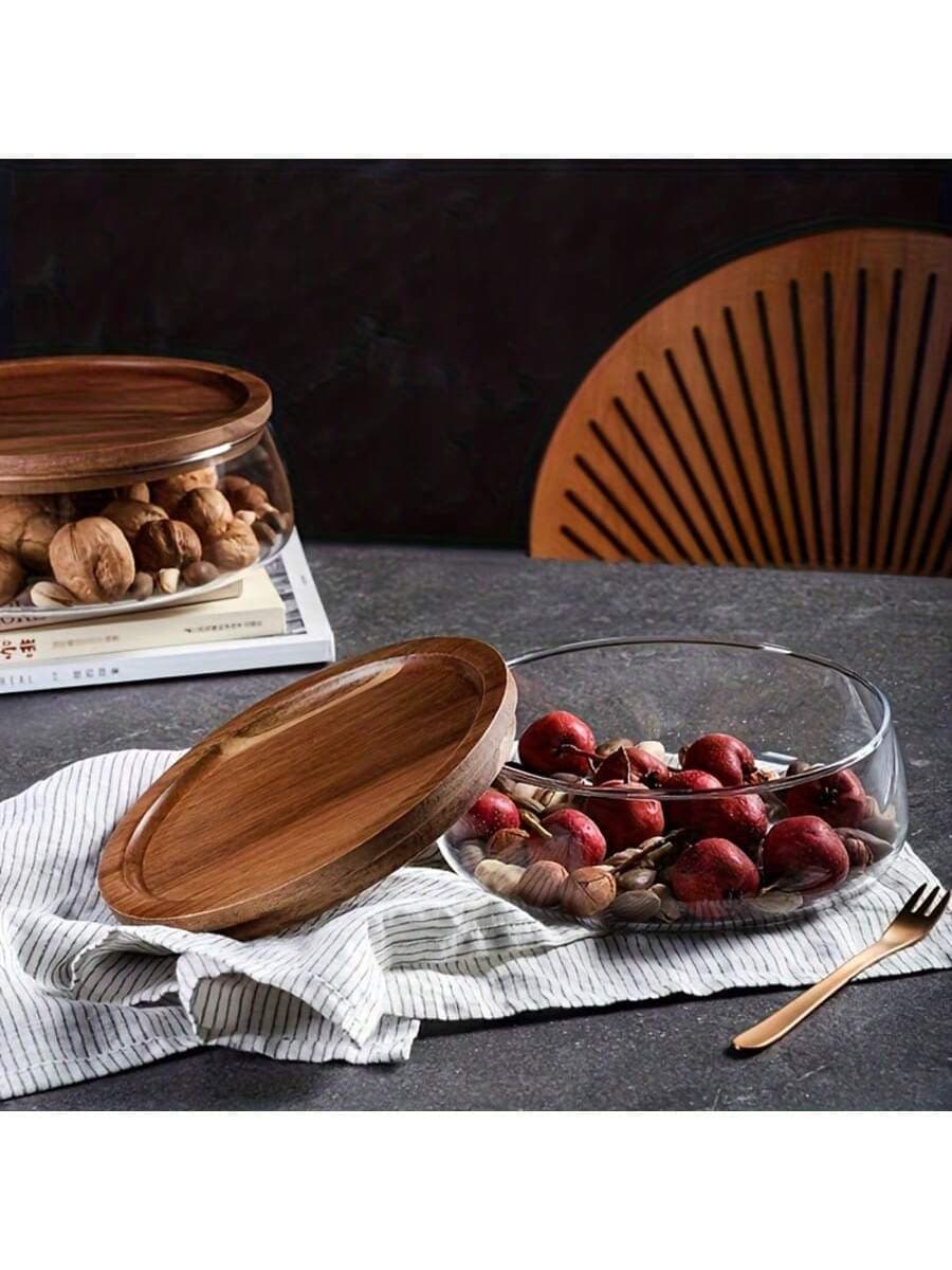 Glass Food Storage Jars With Wooden Lids, Large/Small Sealed Glass Bowls, Suitable For Storing Snacks, Nuts, Candy, Fruit, Grains And Salads, Decorative Kitchen Jars, Suitable For Pantry And Countertop Use.