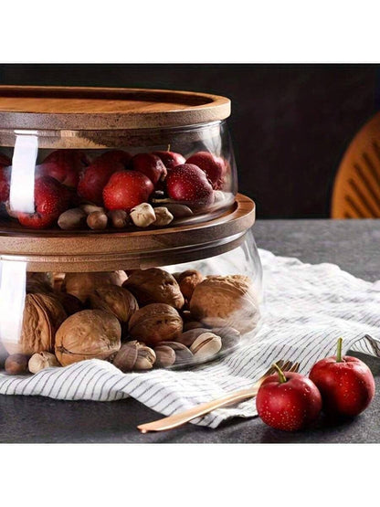 Glass Food Storage Jars With Wooden Lids, Large/Small Sealed Glass Bowls, Suitable For Storing Snacks, Nuts, Candy, Fruit, Grains And Salads, Decorative Kitchen Jars, Suitable For Pantry And Countertop Use.