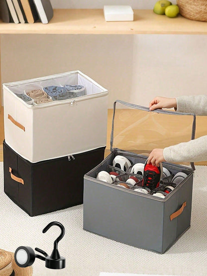 Foldable Fabric Shoe Box, Holds Up To 12 Or 16 Pairs Of Shoes, Large Capacity Fabric Shoe Box With Lid, Adjustable Dividers, Transparent Cover, Waterproof And Dustproof, Foldable Storage, Multi-Functional All-In-One Design, Suitable For Home, School, Dorm