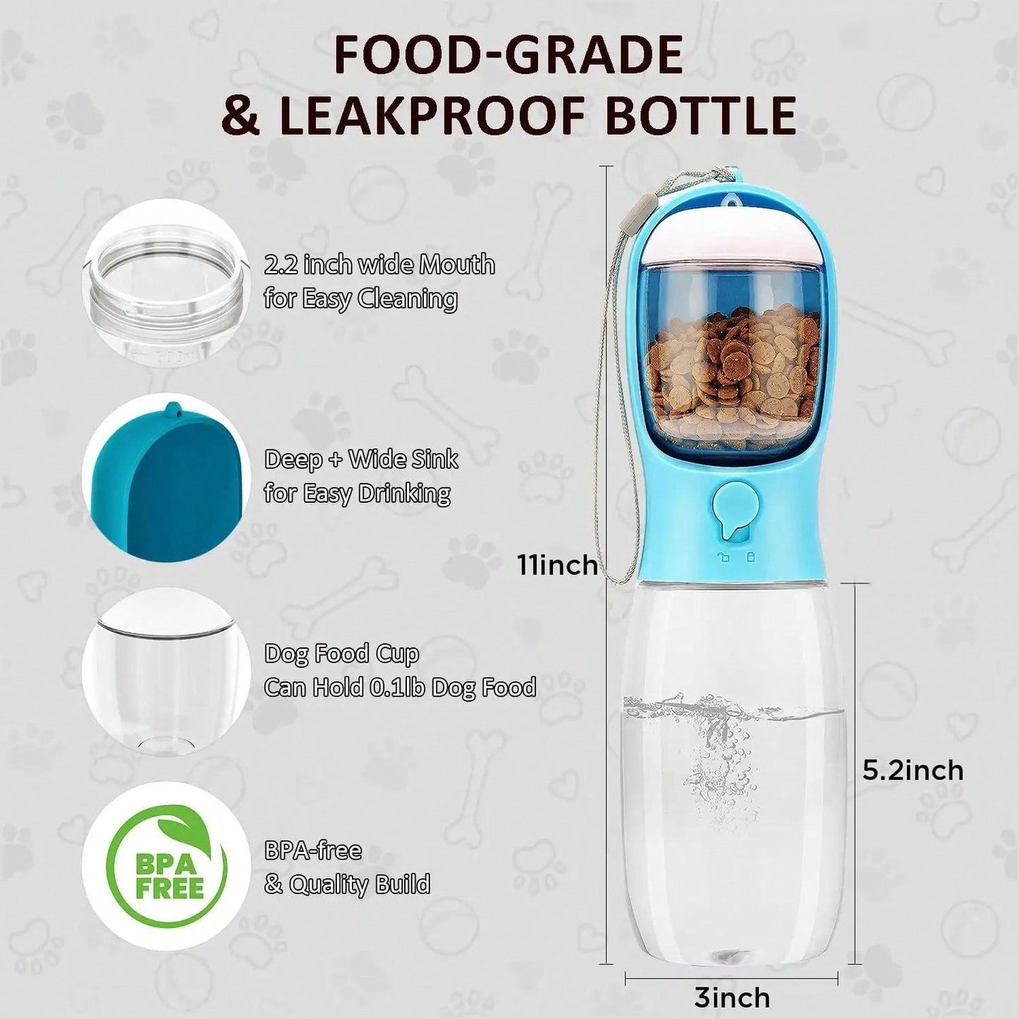 Portable Dog Water Bottle With Food Container - 3-In-1 Travel Pet Water Dispenser & Collapsible Bowl, Essential For Walking, Hiking With Small Dogs And Cats (Yorkie, Chihuahua, Puppy)