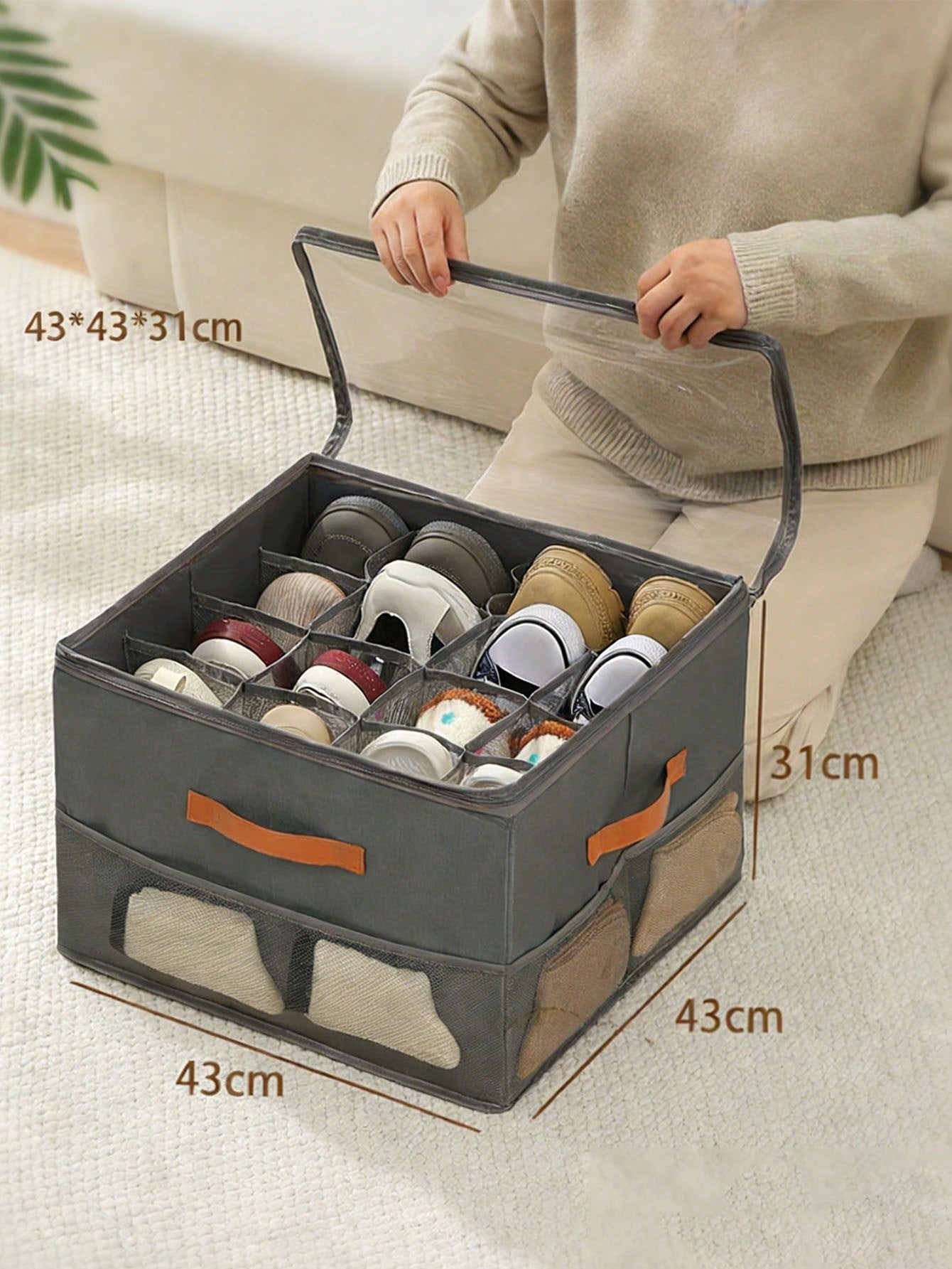 Foldable Fabric Shoe Box, Holds Up To 12 Or 16 Pairs Of Shoes, Large Capacity Fabric Shoe Box With Lid, Adjustable Dividers, Transparent Cover, Waterproof And Dustproof, Foldable Storage, Multi-Functional All-In-One Design, Suitable For Home, School, Dorm