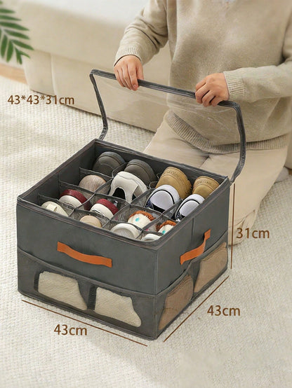 Foldable Fabric Shoe Box, Holds Up To 12 Or 16 Pairs Of Shoes, Large Capacity Fabric Shoe Box With Lid, Adjustable Dividers, Transparent Cover, Waterproof And Dustproof, Foldable Storage, Multi-Functional All-In-One Design, Suitable For Home, School, Dorm